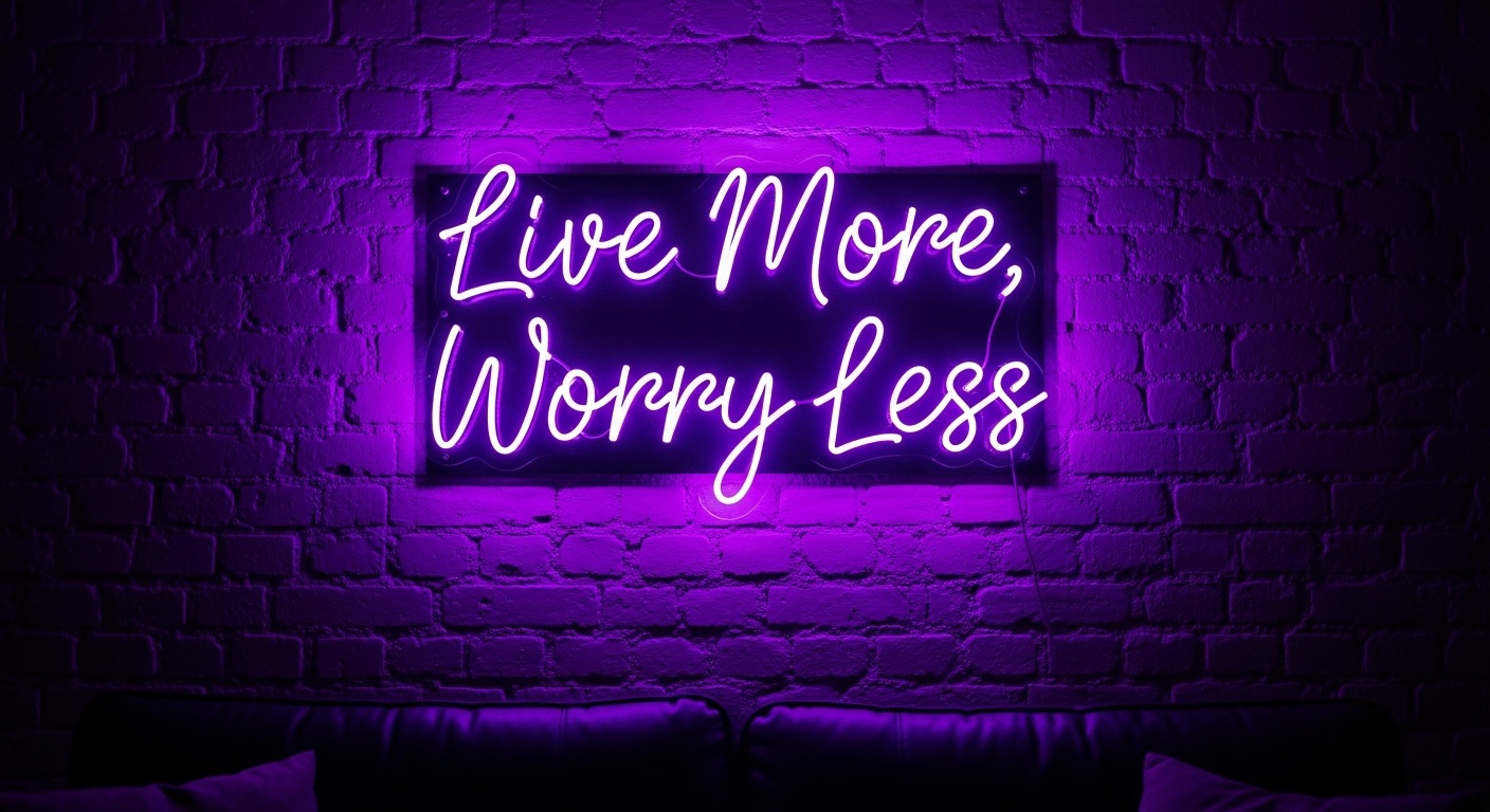 Live More, Worry Less neon sign in purple