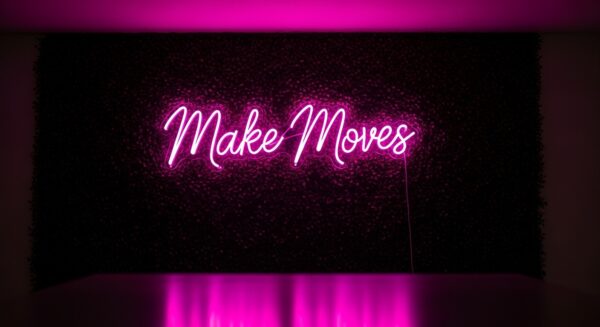 Make Moves neon sign in pink on grass wall