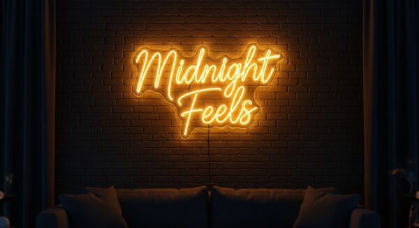 Midnight Feels neon sign in yellow on brick wall