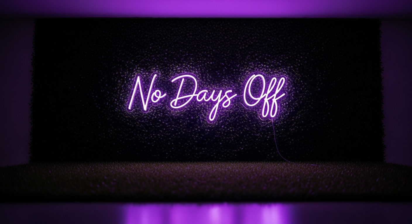 No Days Off neon sign in purple on grass wall
