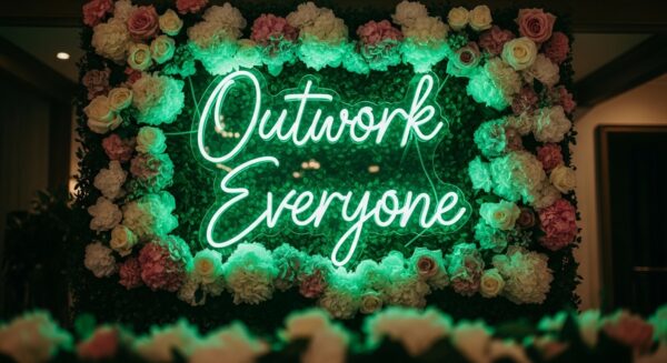 Outwork Everyone neon sign in green on flower wall