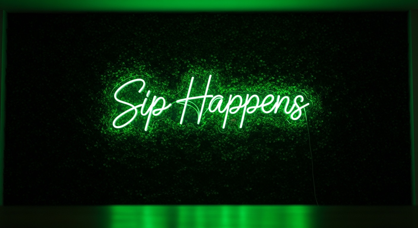 Sip Happens neon sign in green on grass wall