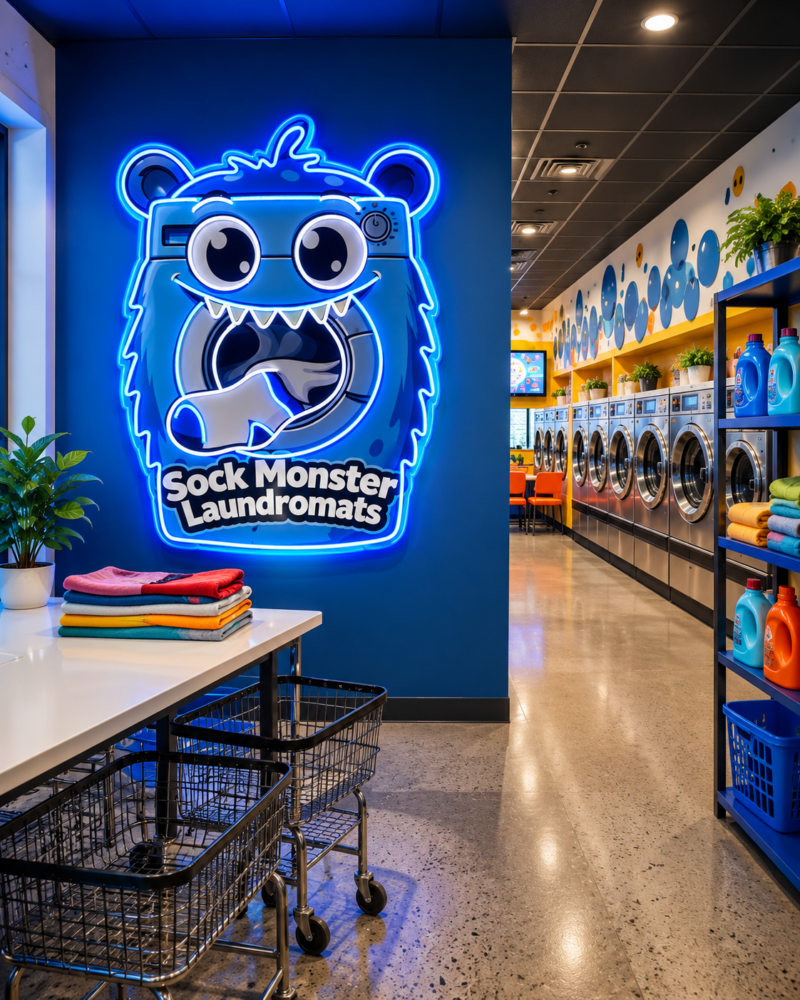 Sock Monster Laundromat neon install
